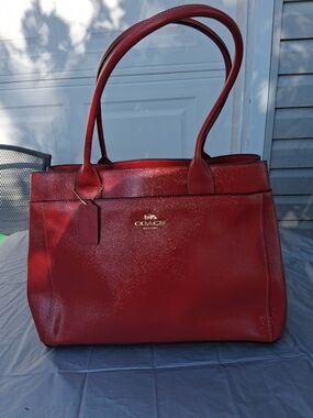 New Coach Shimmery Cherry Red Leather Tote with Gold Logo